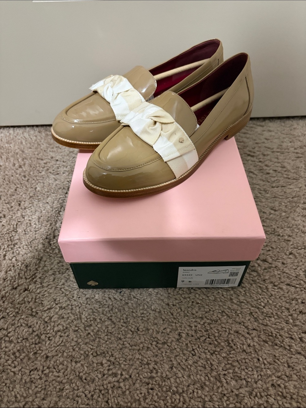 kate spade Beige Patent Loafers with Cream Bow Detail